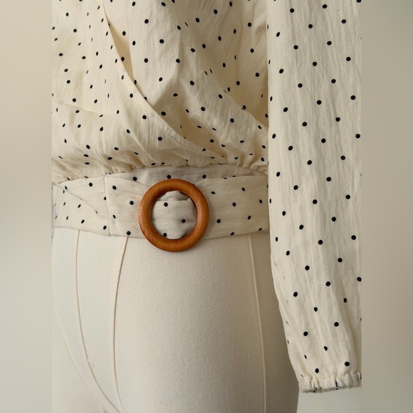 Francesca’s Collection Blue Rain Ivory & Black Polka Dot Wrap Blouse - Picture 3 of 16